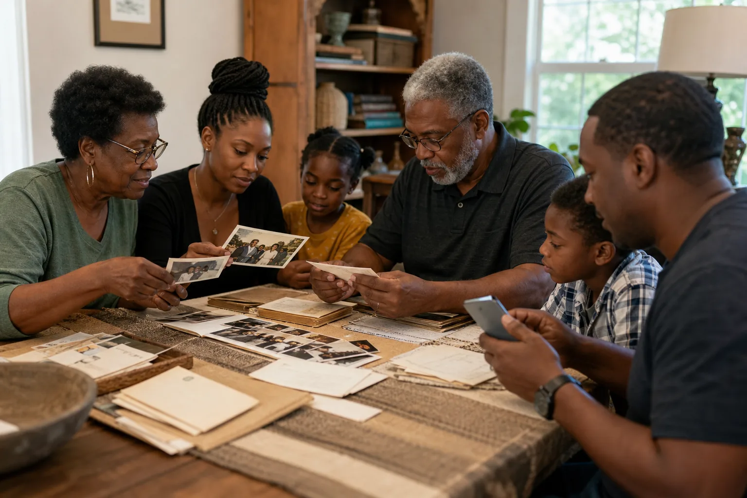 A multi-generational family gathered around a table with photographs and notes