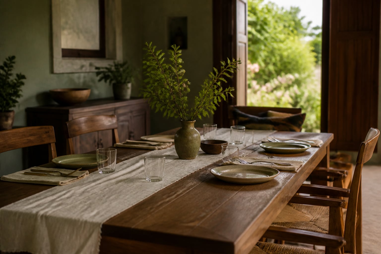 A dining table being made ready for people to sit together