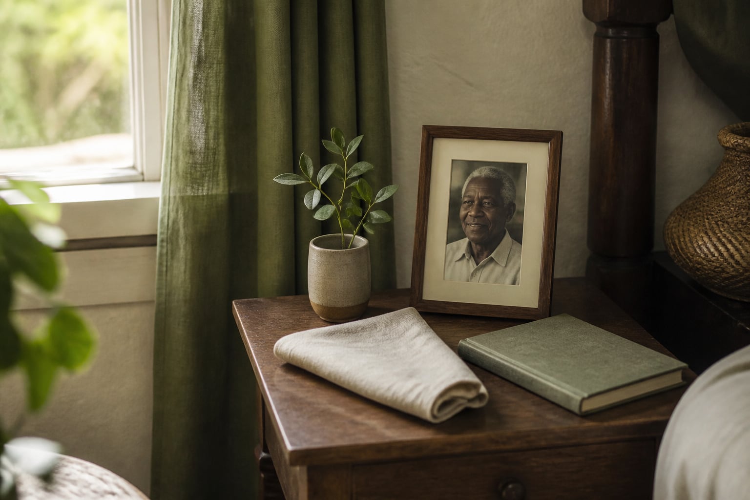 A framed photograph on a bedside table in morning light