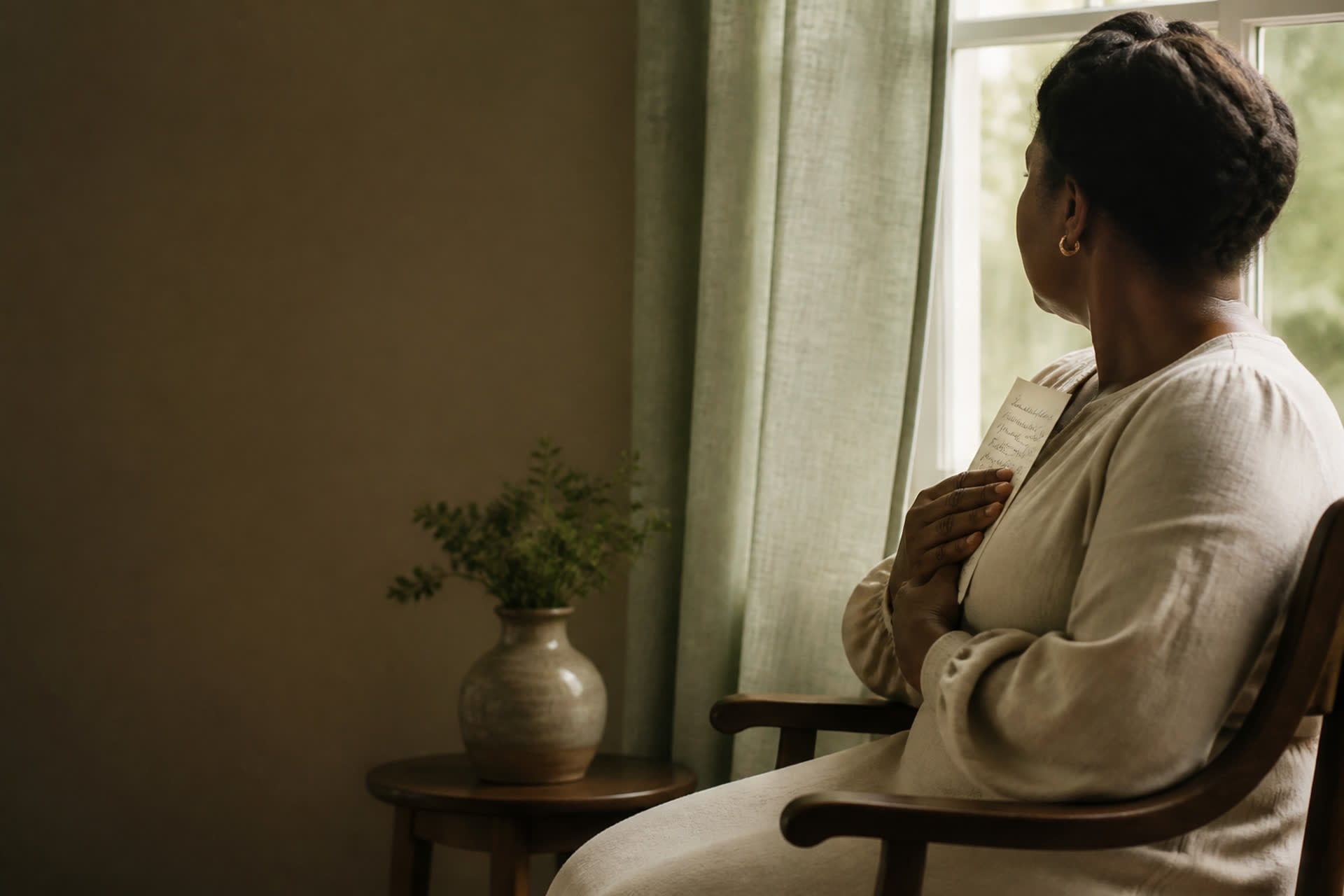 A person by a window holding a handwritten letter close