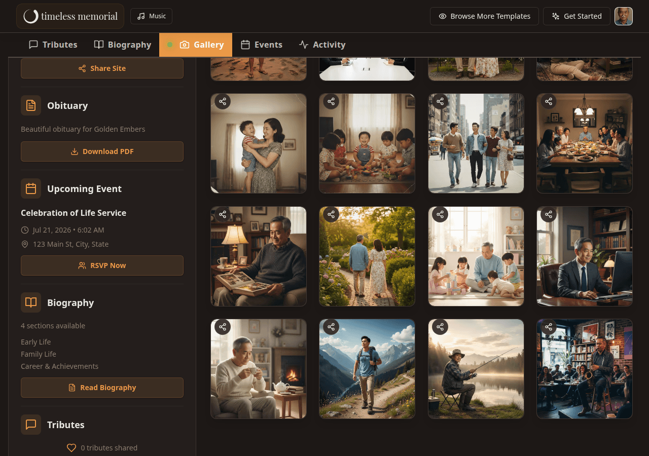 Screenshot of the Timeless Memorial photo gallery