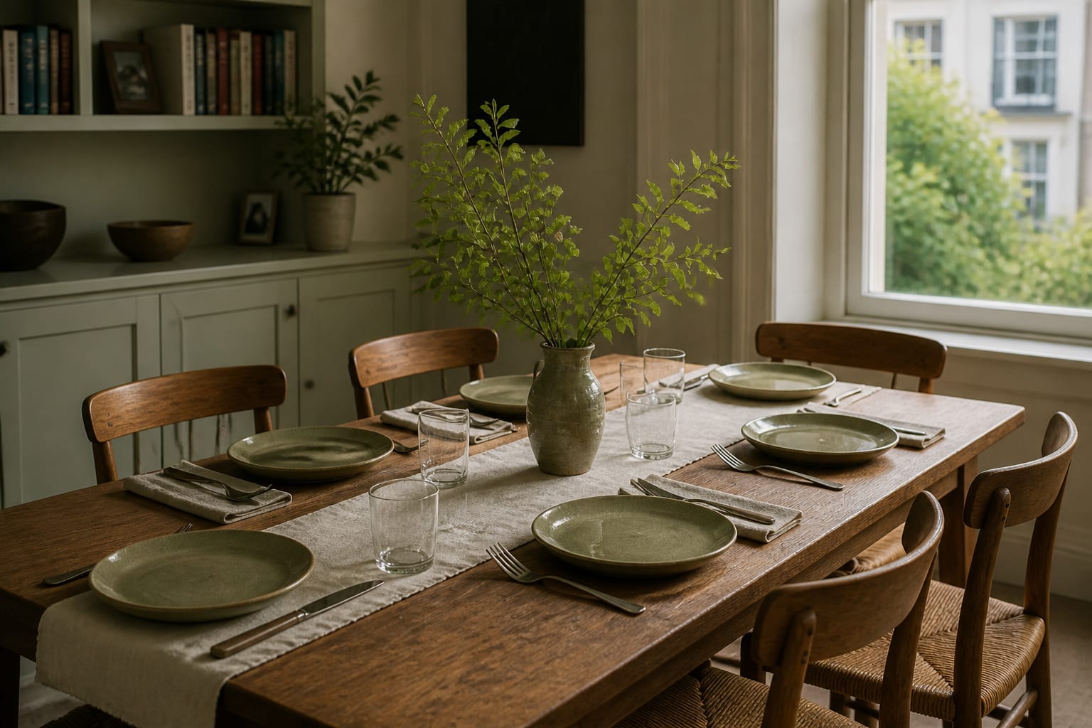 A dining table being made ready for people to sit together
