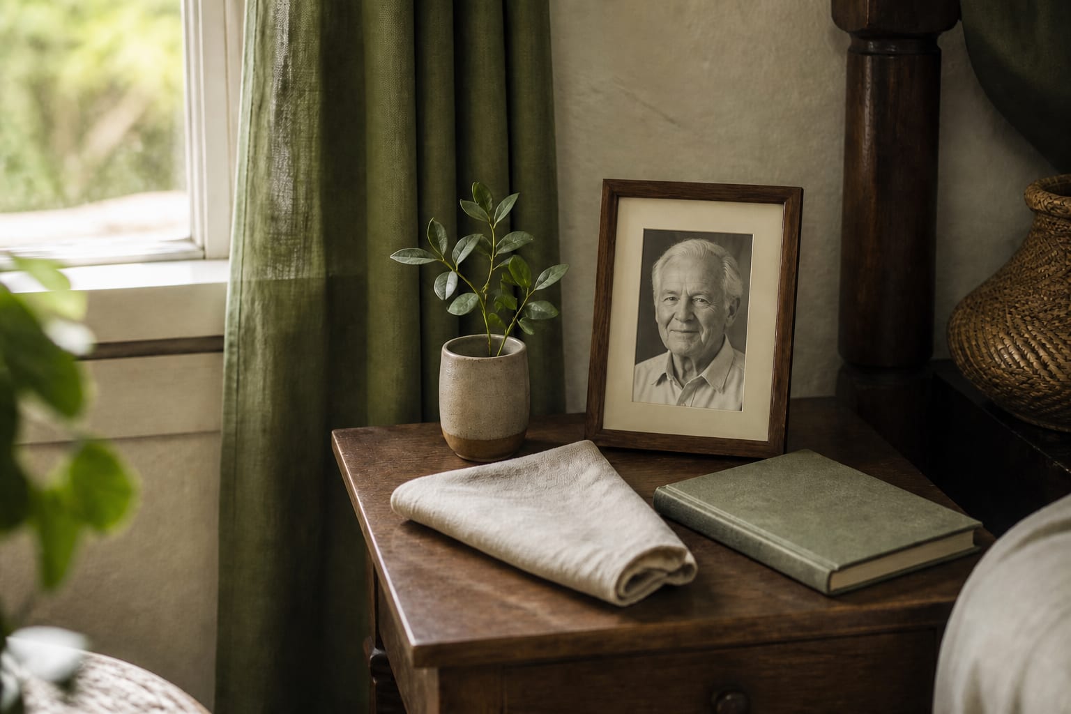 A framed photograph on a bedside table in morning light