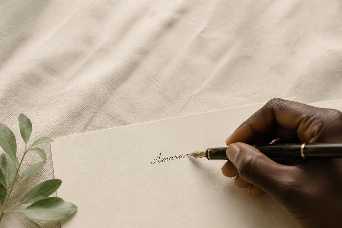 A hand writing a name on a blank page