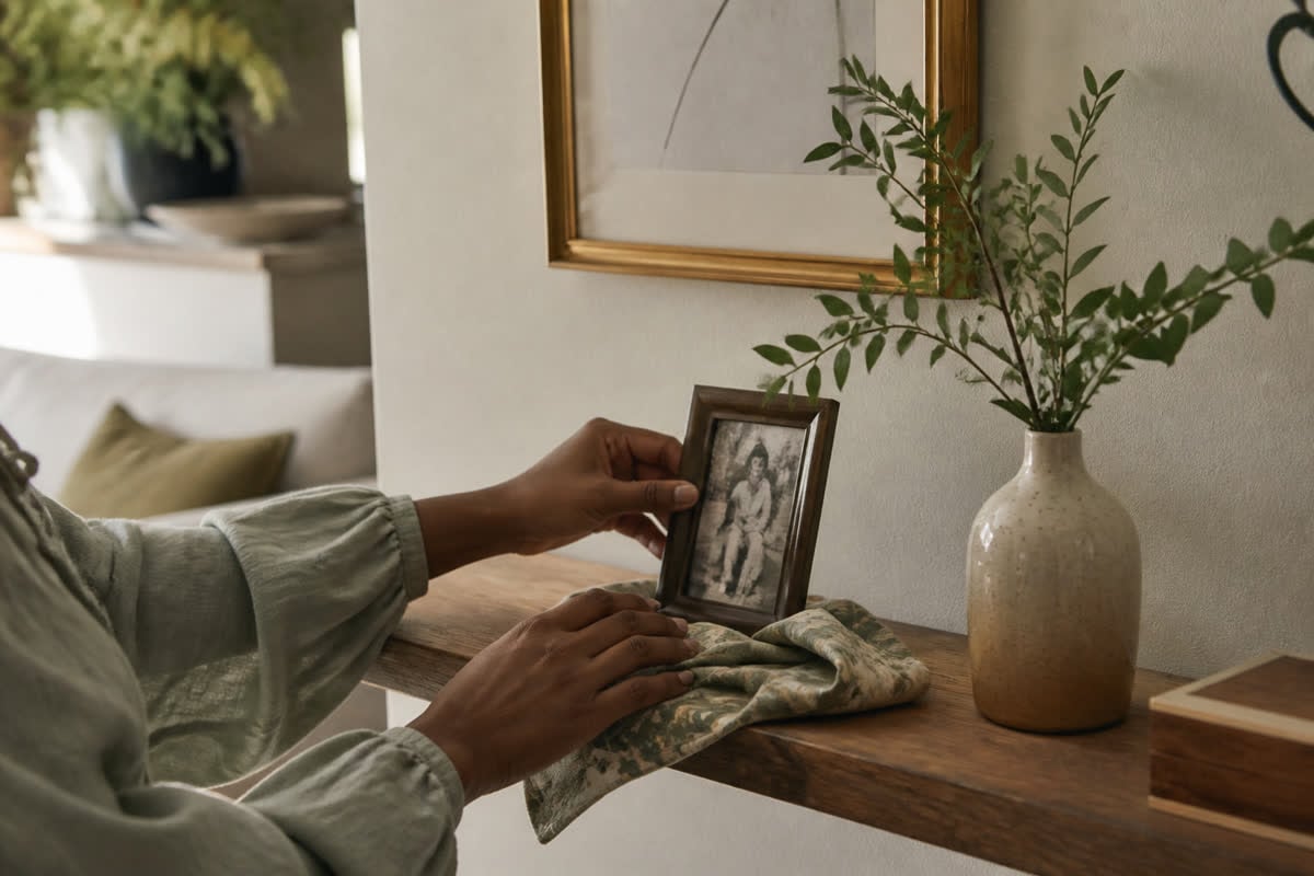Hands placing a photograph and cloth on a shelf