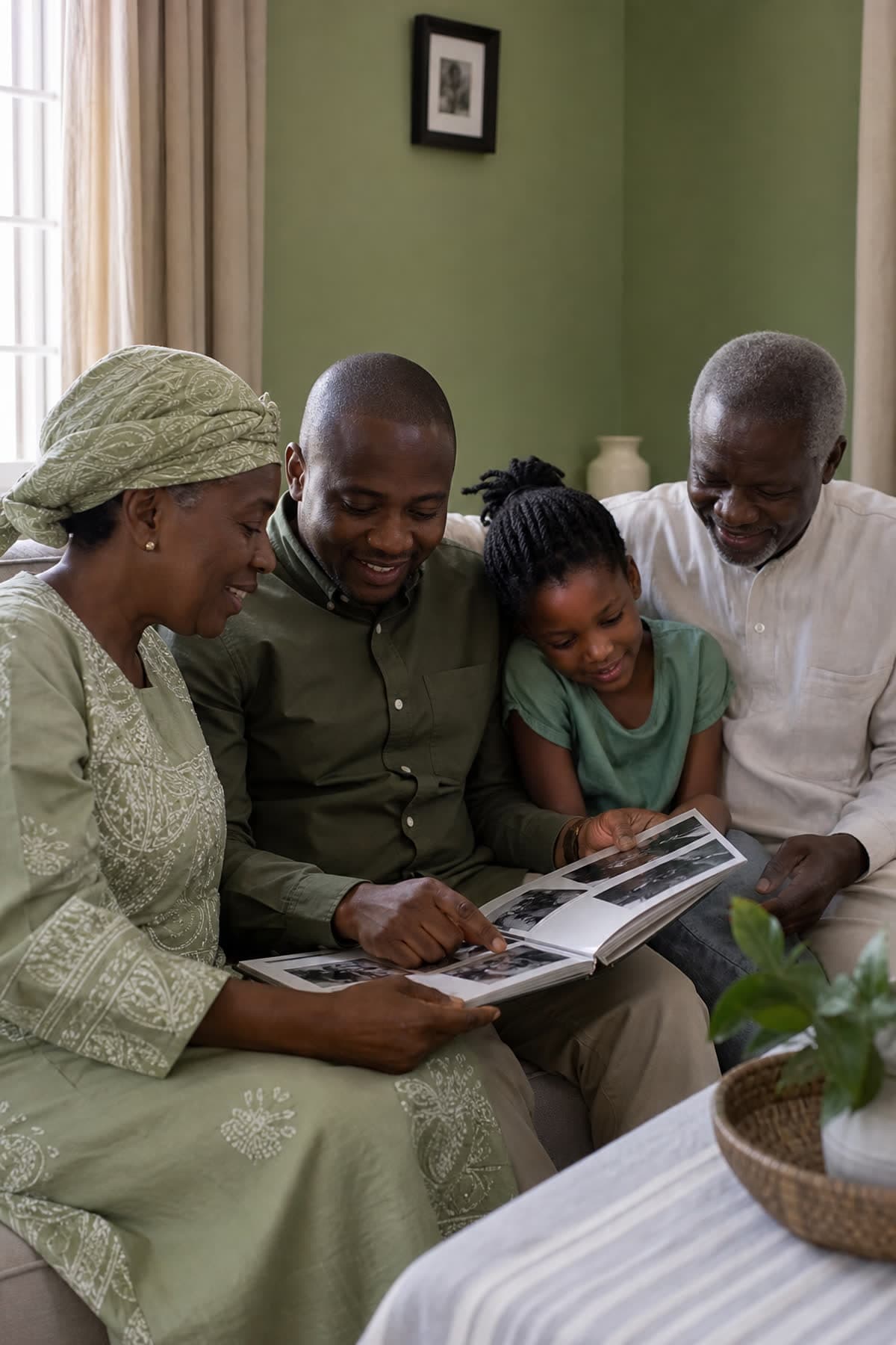 Family sharing photographs together