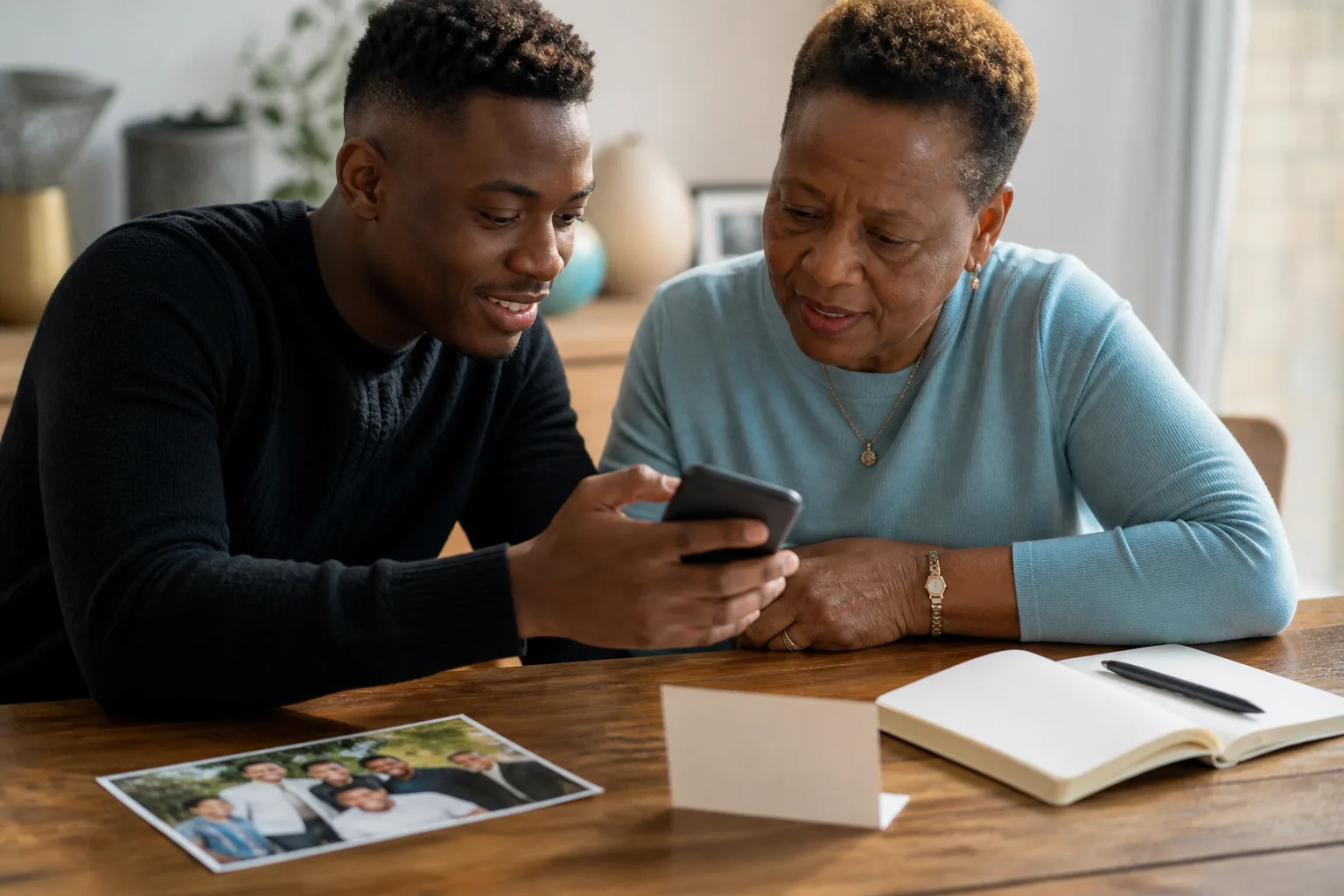 Family members sharing important details together at a table