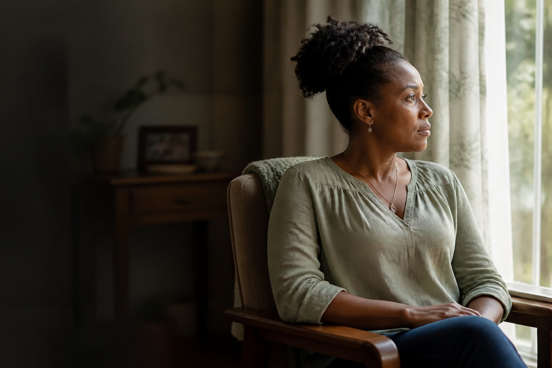 A woman sitting by a window in quiet reflection