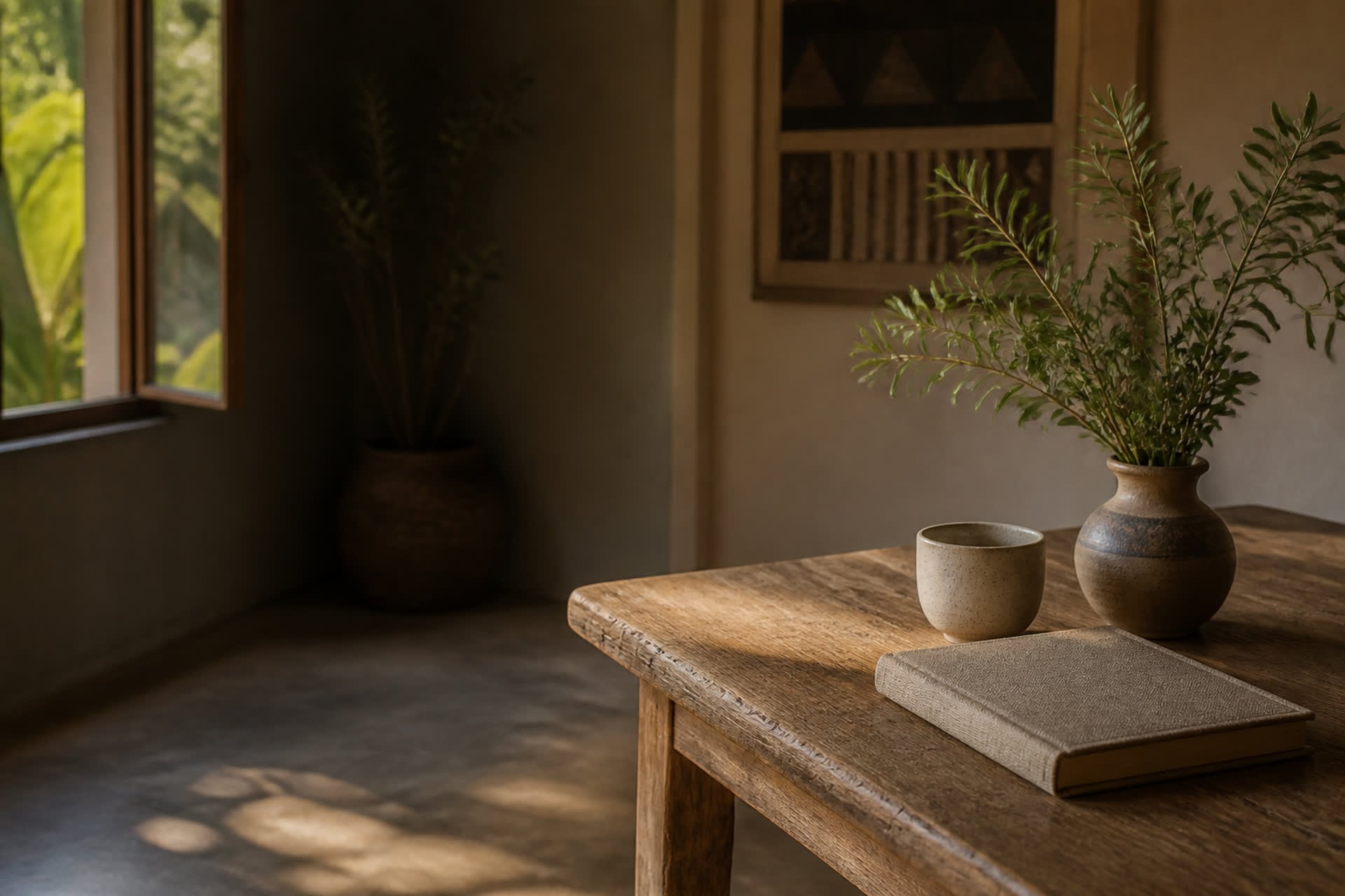 A linen-bound book on a sunlit table beside a window